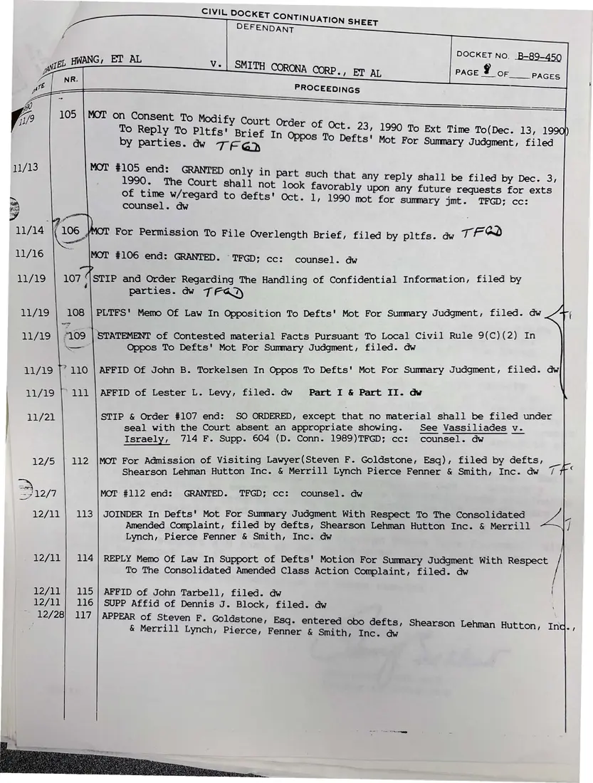 Photograph of a report: Docket sheets in Hwang v. Smith Corona Corp. (securities class action), page 9.