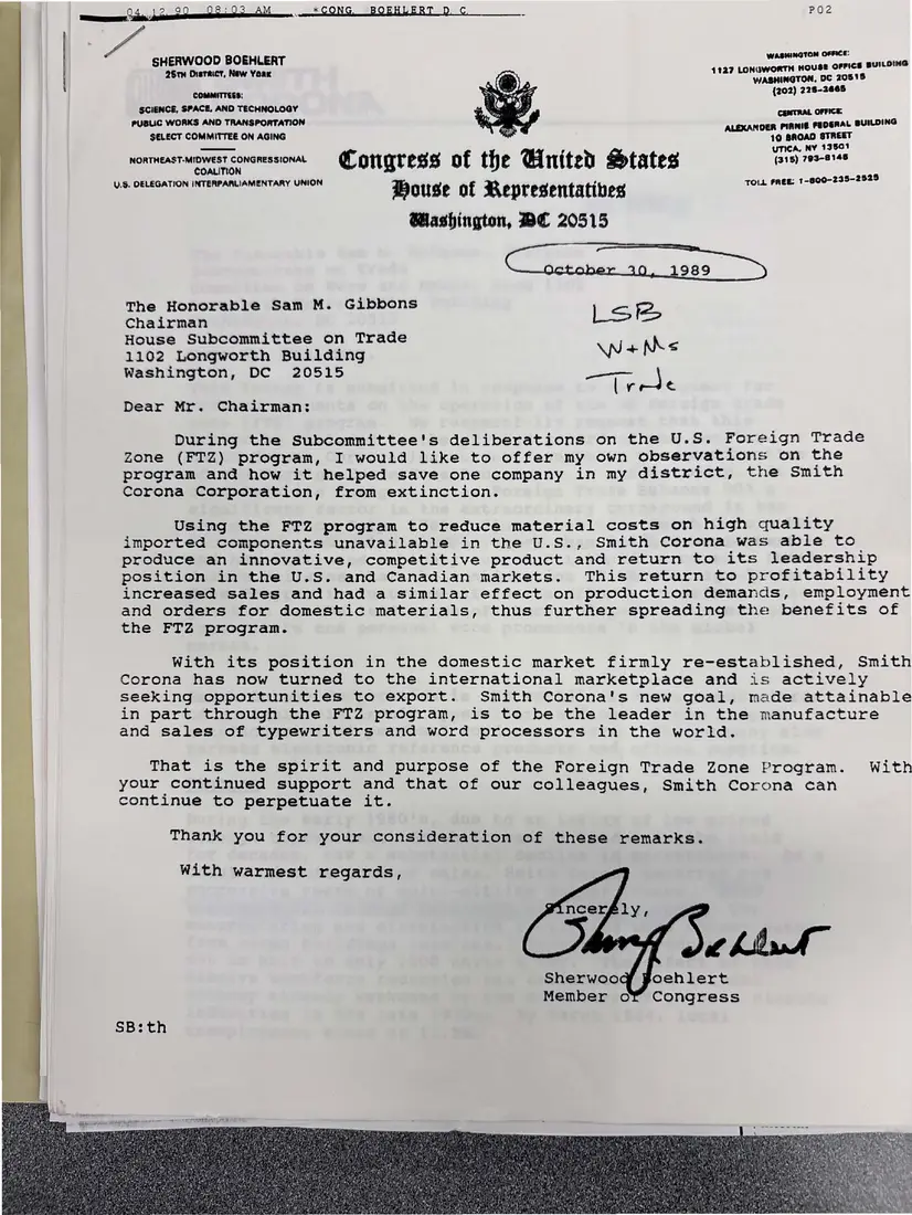 Photograph of a letter: Rep. Sherwood Boehlert supports Smith Corona's foreign trade zone, page 1.