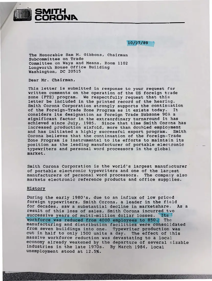 Photograph of a letter: Smith Corona to the House Subcommittee on Trade on the foreign trade zone program, page 1.