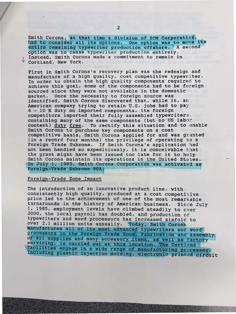 Photograph of a letter: Smith Corona to the House Subcommittee on Trade on the foreign trade zone program, page 2.