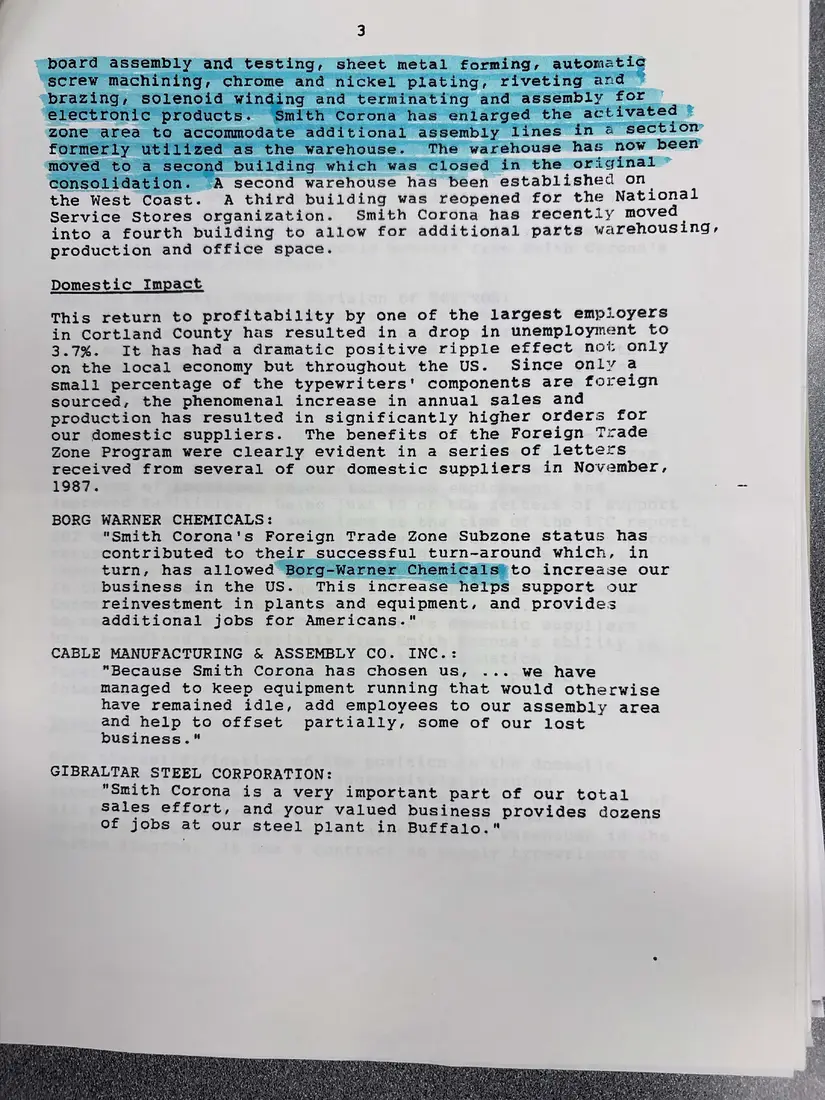 Photograph of a letter: Smith Corona to the House Subcommittee on Trade on the foreign trade zone program, page 3.