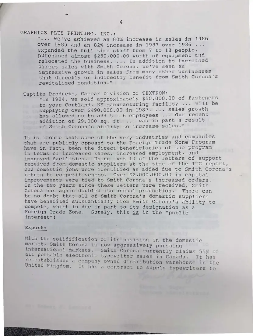 Photograph of a letter: Smith Corona to the House Subcommittee on Trade on the foreign trade zone program, page 4.