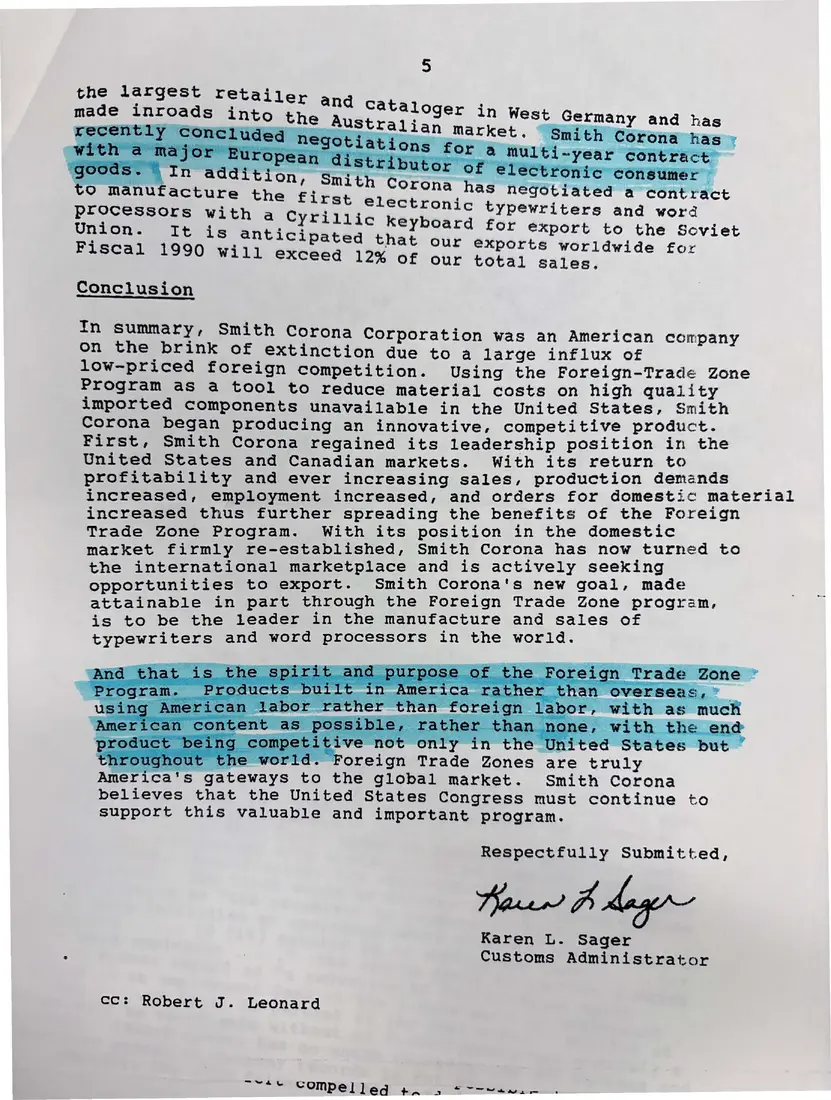 Photograph of a letter: Smith Corona to the House Subcommittee on Trade on the foreign trade zone program, page 5.