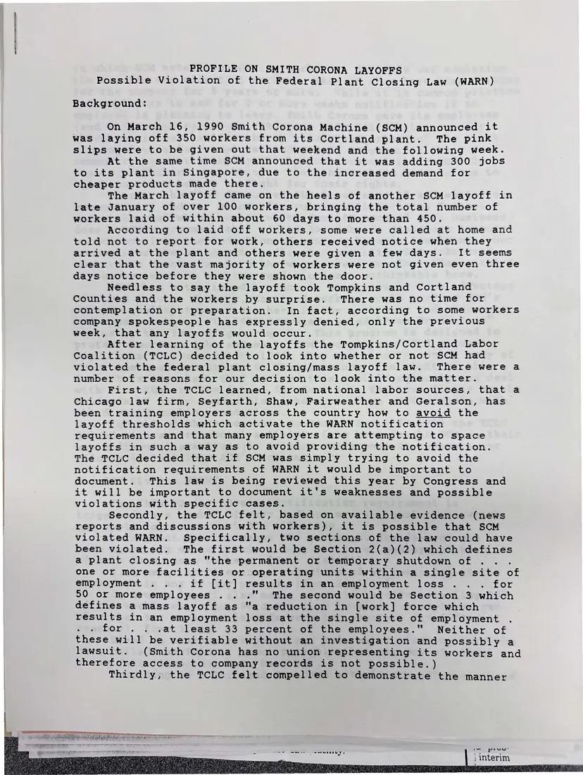 Photograph of a report: “Profile on Smith Corona Layoffs: Possible Violation of the Federal Plant Closing Law (WARN)”, page 1.