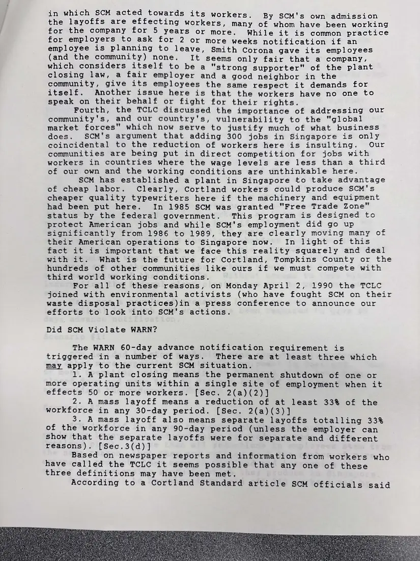 Photograph of a report: “Profile on Smith Corona Layoffs: Possible Violation of the Federal Plant Closing Law (WARN)”, page 2.