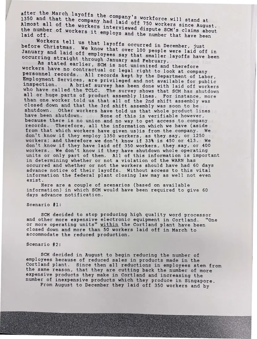 Photograph of a report: “Profile on Smith Corona Layoffs: Possible Violation of the Federal Plant Closing Law (WARN)”, page 3.