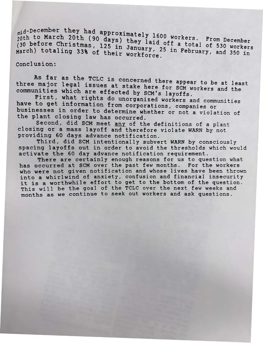Photograph of a report: “Profile on Smith Corona Layoffs: Possible Violation of the Federal Plant Closing Law (WARN)”, page 4.