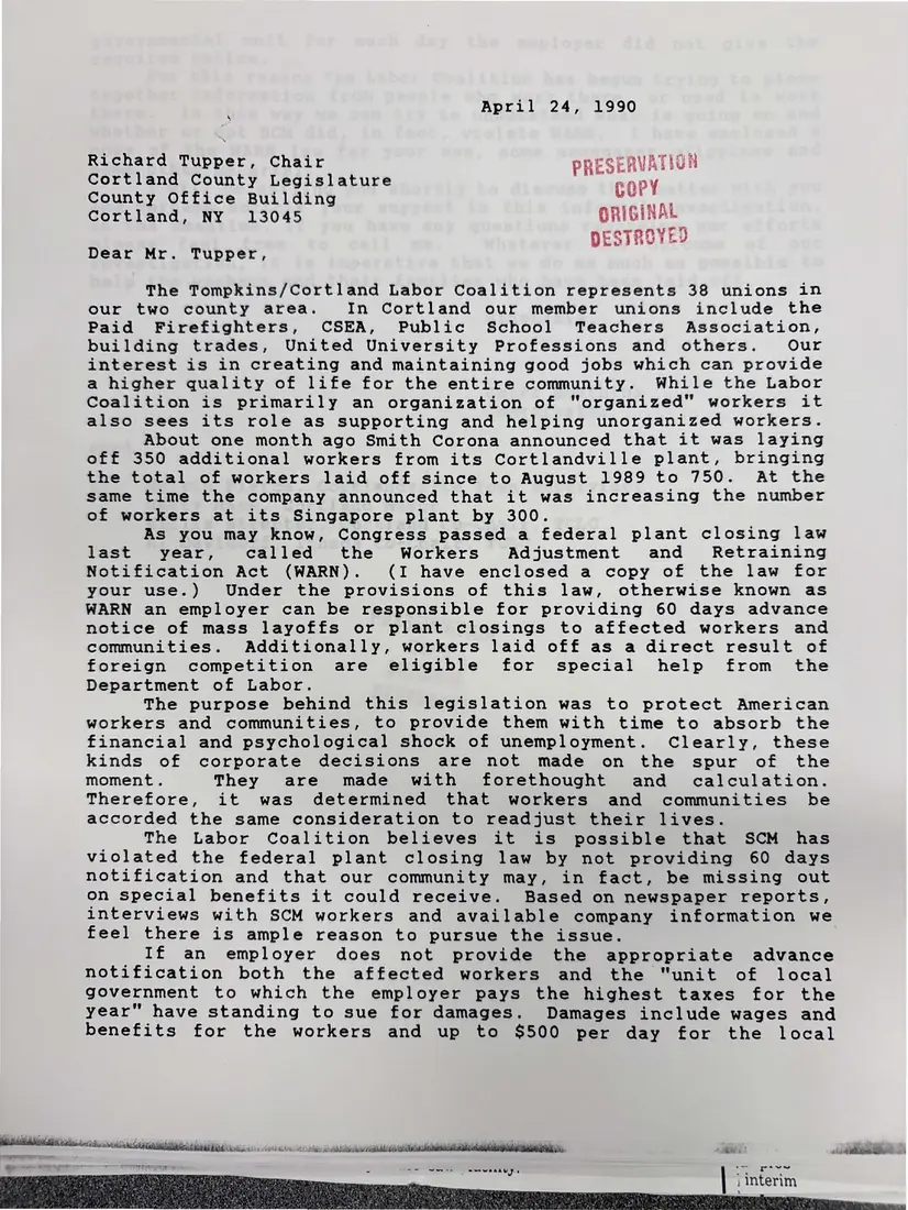 Photograph of a letter: Coert Bonthius to Cortland County Legislature chair Richard Tupper on Smith Corona, page 1.