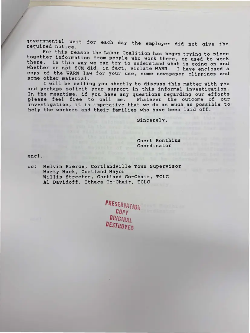 Photograph of a letter: Coert Bonthius to Cortland County Legislature chair Richard Tupper on Smith Corona, page 2.