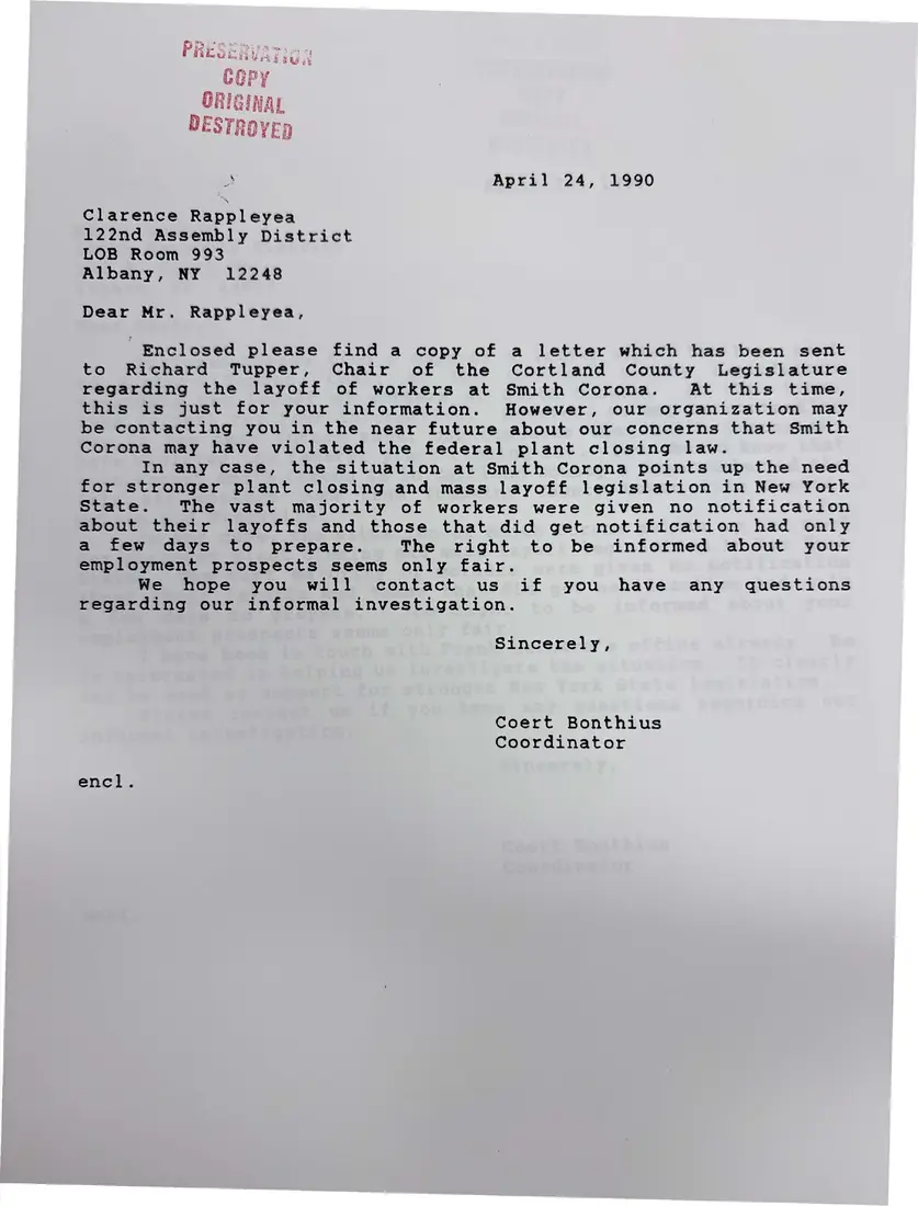 Photograph of a letter: Letters to Assembly members Clarence Rappleyea and Marty Luster, page 1.