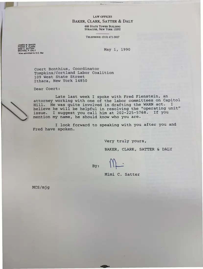 Photograph of a letter: Mimi Satter to Coert Bonthius, May 1, 1990, page 1.