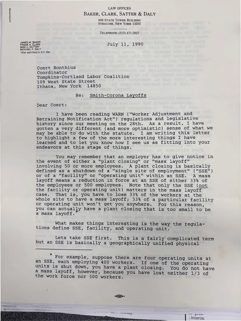 Photograph of a letter: James M. Baker's analysis of the WARN case against Smith Corona, page 1.