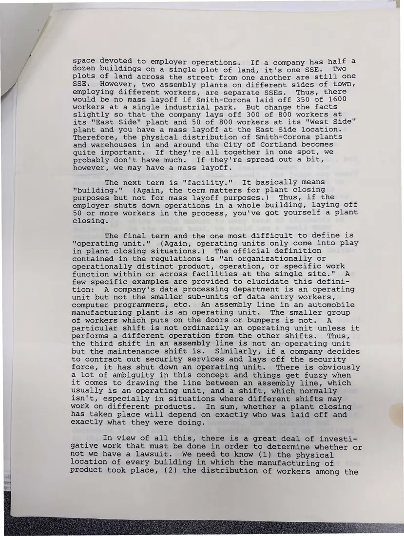 Photograph of a letter: James M. Baker's analysis of the WARN case against Smith Corona, page 2.