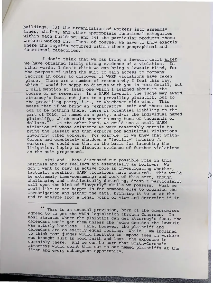 Photograph of a letter: James M. Baker's analysis of the WARN case against Smith Corona, page 3.