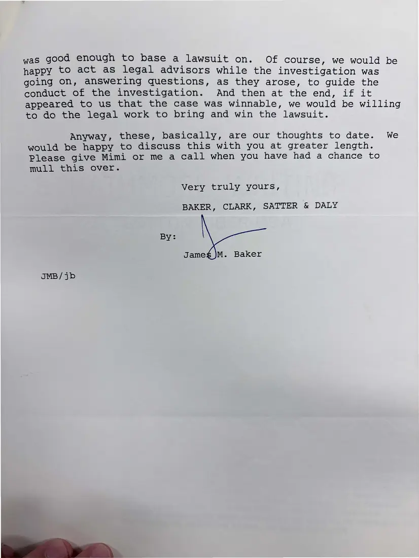 Photograph of a letter: James M. Baker's analysis of the WARN case against Smith Corona, page 4.
