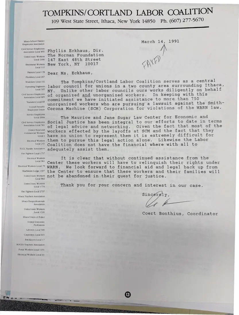 Photograph of a letter: Coert Bonthius to the Borman Foundation, March 14, 1991, page 1.
