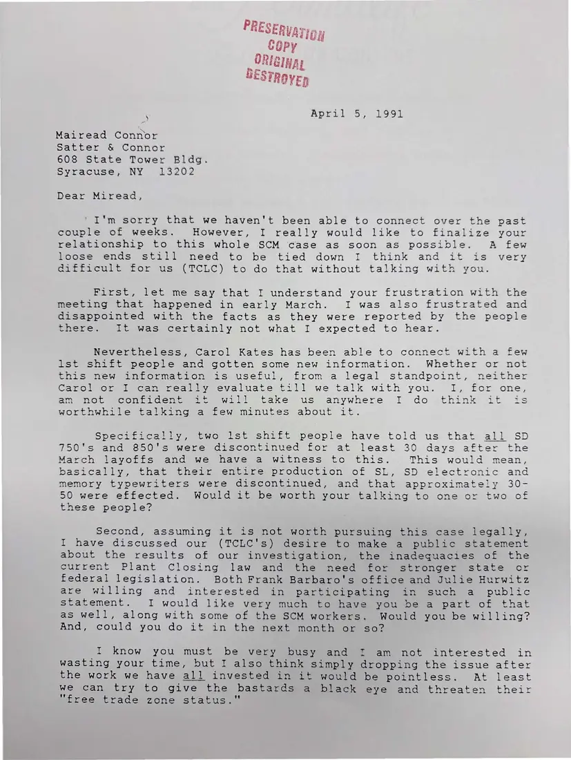 Photograph of a letter: Coert Bonthius to lawyer Mairead Connor on next steps in the SCM case, page 1.