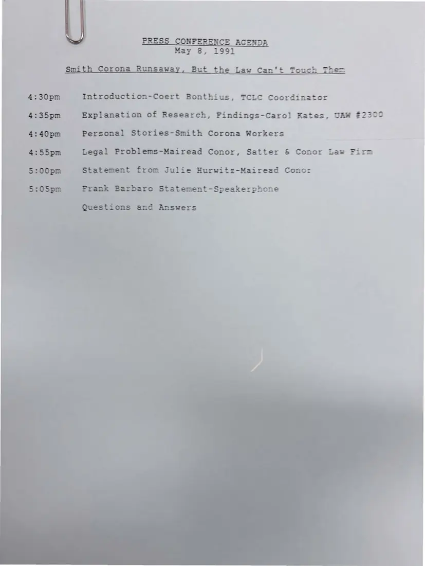 Photograph of a agenda: Press conference agenda: “Smith Corona Runaway, But the Law Can't Touch Them”, page 1.