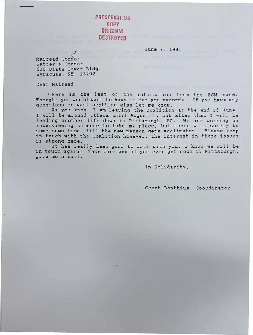 Photograph of a letter: Coert Bonthius's closing letters on the Smith Corona case, June 7, 1991, page 1.