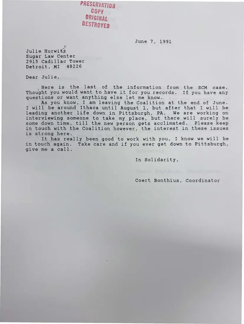 Photograph of a letter: Coert Bonthius's closing letters on the Smith Corona case, June 7, 1991, page 3.
