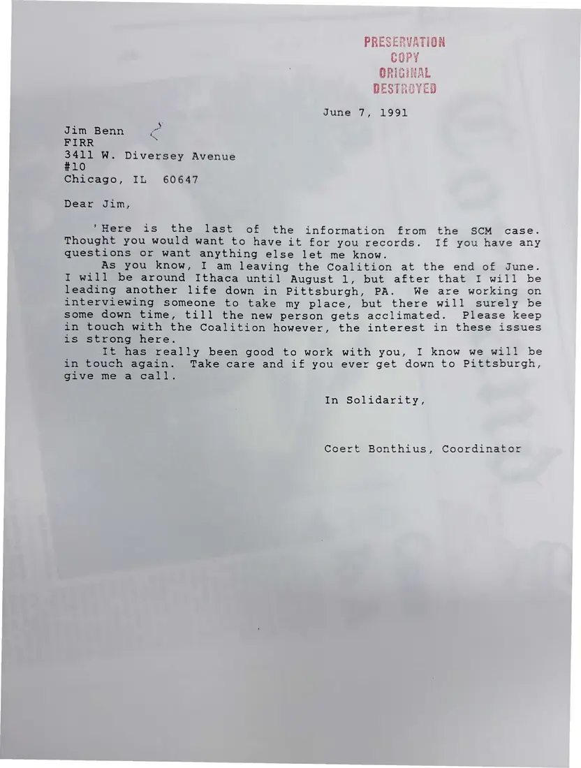 Photograph of a letter: Coert Bonthius's closing letters on the Smith Corona case, June 7, 1991, page 5.