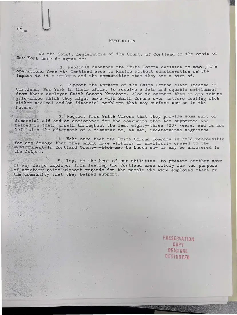 Photograph of a draft agreement: Resolution of the Cortland County Legislators on Smith Corona, page 1.
