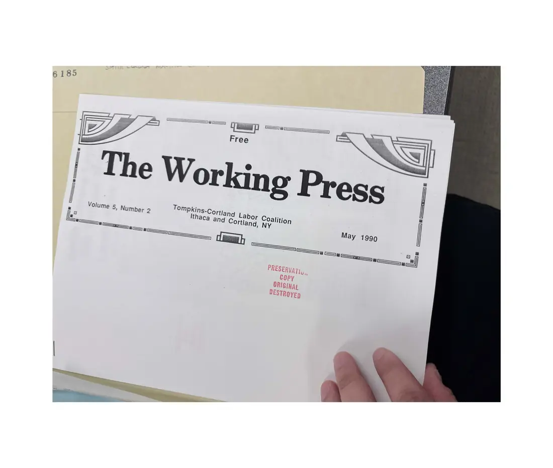 Photograph of a newsletter: The Working Press, Volume 5, Number 2, May 1990: Smith Corona layoffs, page 1.