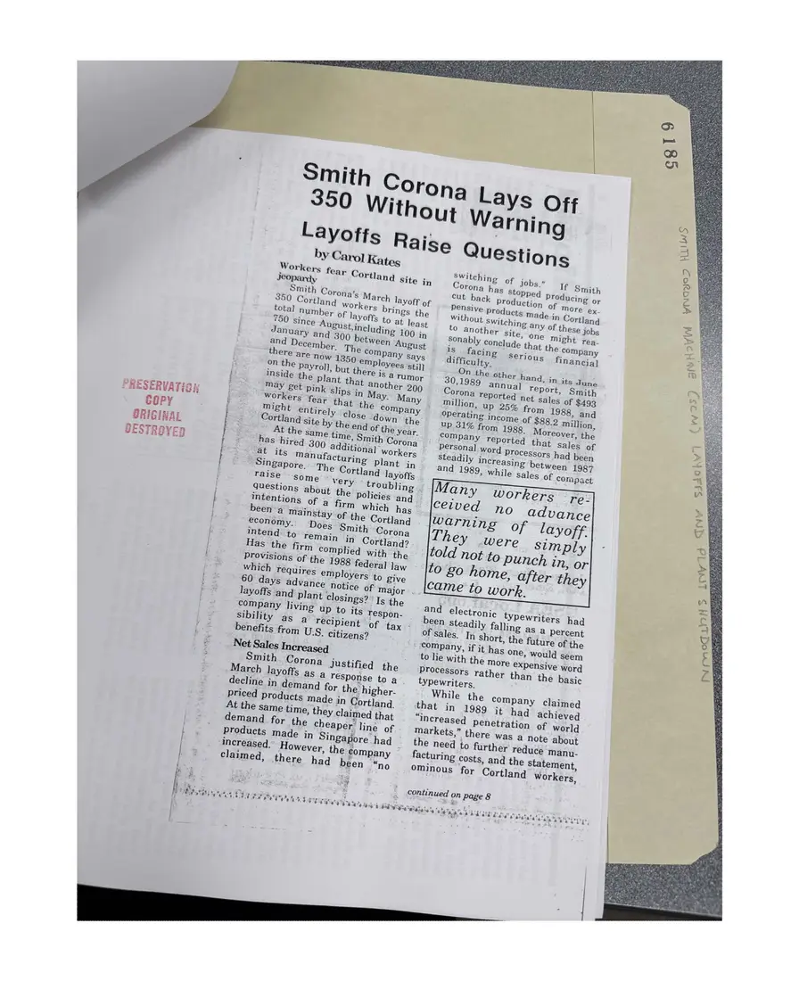 Photograph of a newsletter: The Working Press, Volume 5, Number 2, May 1990: Smith Corona layoffs, page 2.