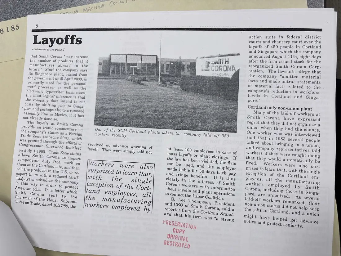Photograph of a newsletter: The Working Press, Volume 5, Number 2, May 1990: Smith Corona layoffs, page 3.