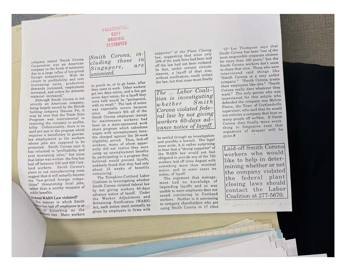 Photograph of a newsletter: The Working Press, Volume 5, Number 2, May 1990: Smith Corona layoffs, page 4.