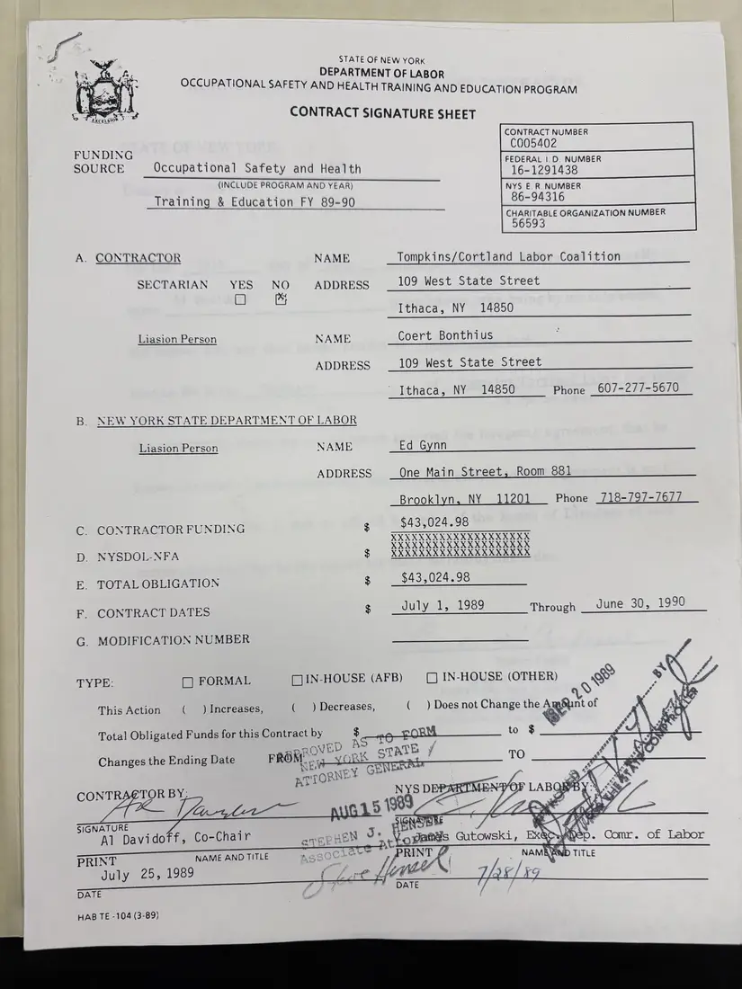 Photograph of a draft agreement: State health and safety training contract, July 1989 – June 1990, page 1.