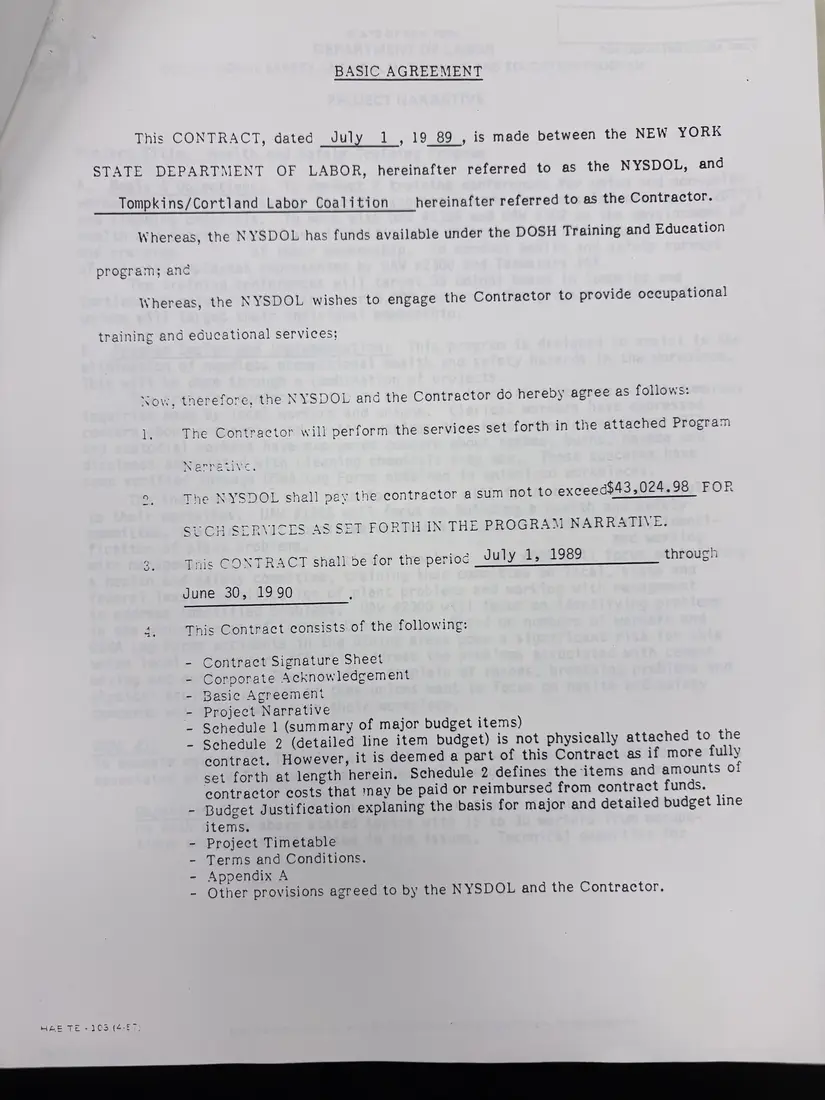 Photograph of a draft agreement: State health and safety training contract, July 1989 – June 1990, page 3.