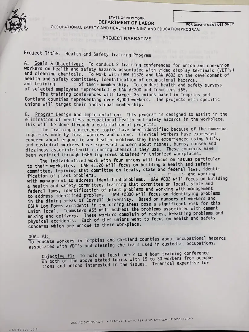Photograph of a draft agreement: State health and safety training contract, July 1989 – June 1990, page 4.