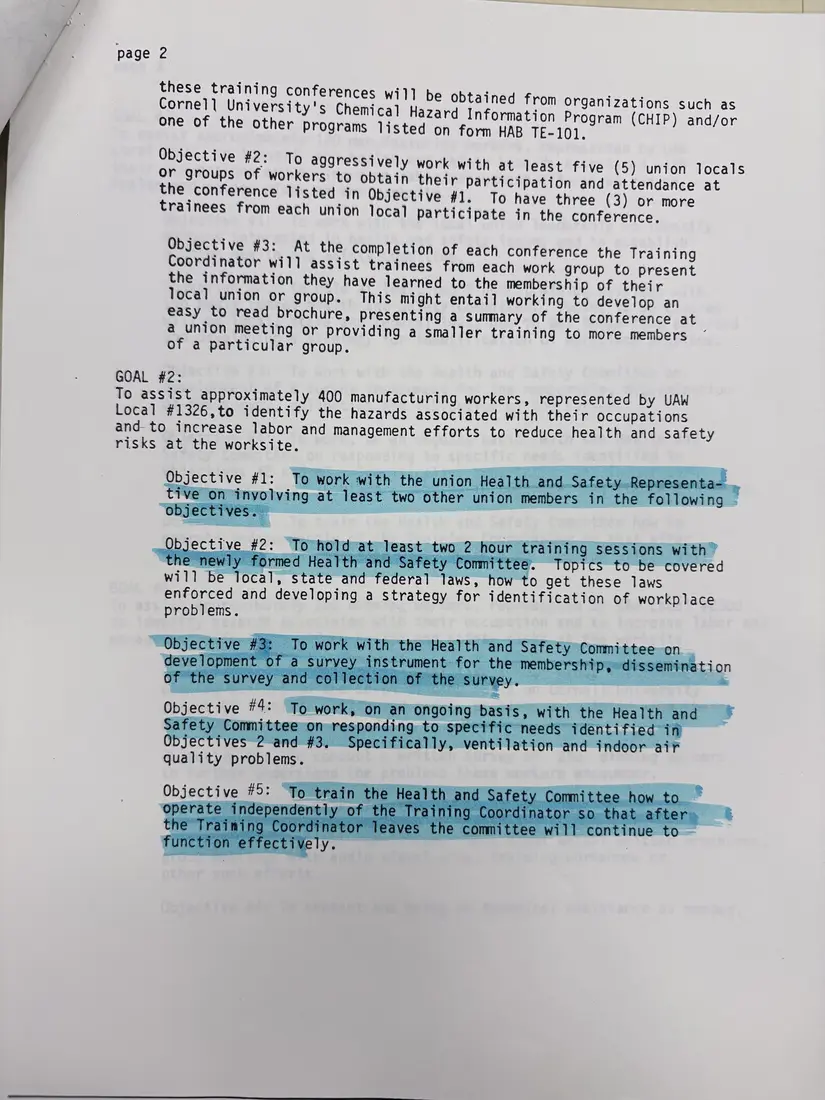 Photograph of a draft agreement: State health and safety training contract, July 1989 – June 1990, page 5.