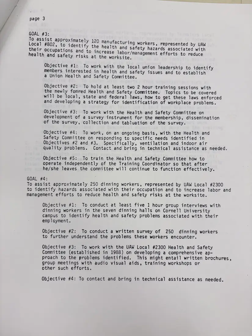 Photograph of a draft agreement: State health and safety training contract, July 1989 – June 1990, page 6.