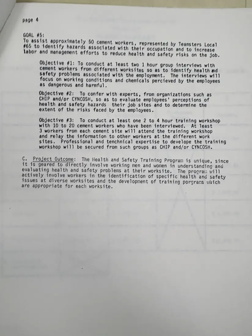 Photograph of a draft agreement: State health and safety training contract, July 1989 – June 1990, page 7.