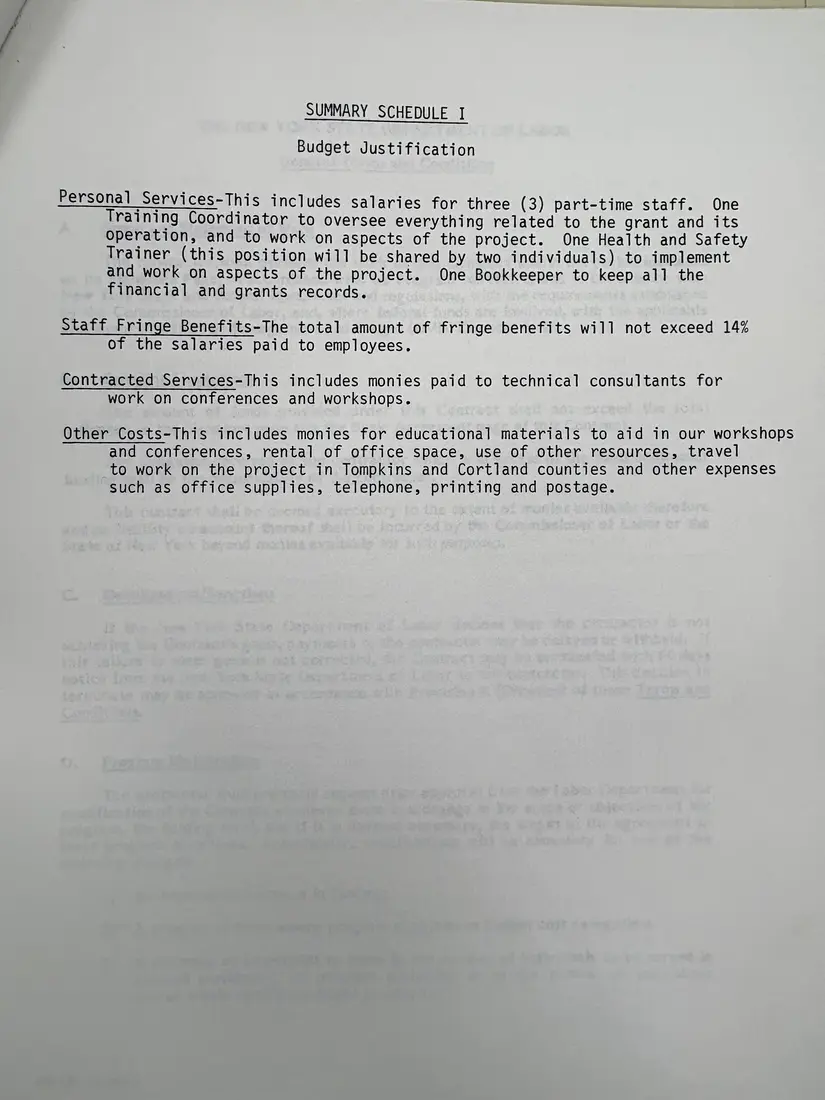 Photograph of a draft agreement: State health and safety training contract, July 1989 – June 1990, page 9.