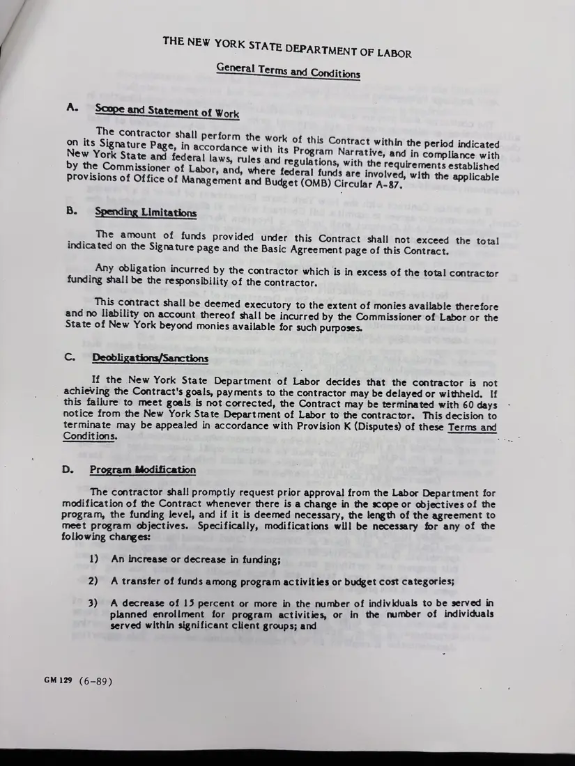 Photograph of a draft agreement: State health and safety training contract, July 1989 – June 1990, page 10.