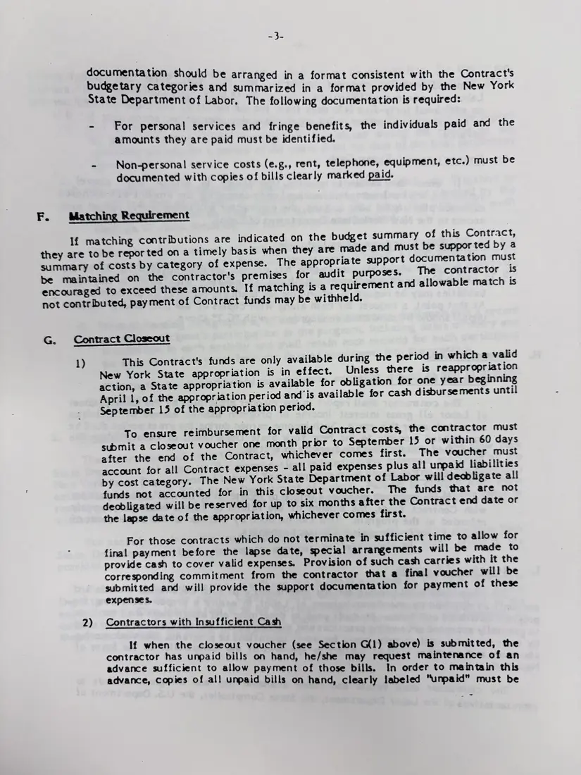 Photograph of a draft agreement: State health and safety training contract, July 1989 – June 1990, page 12.