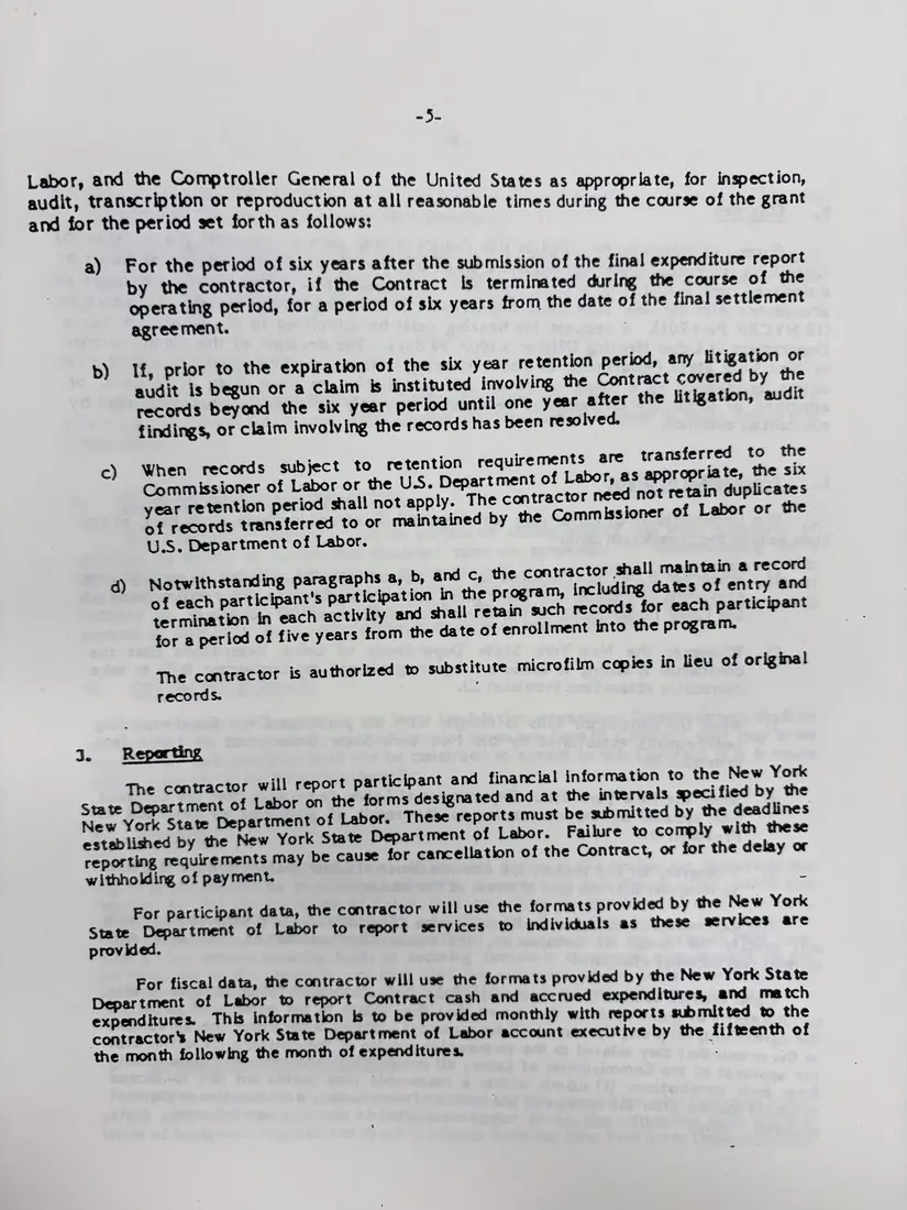 Photograph of a draft agreement: State health and safety training contract, July 1989 – June 1990, page 14.
