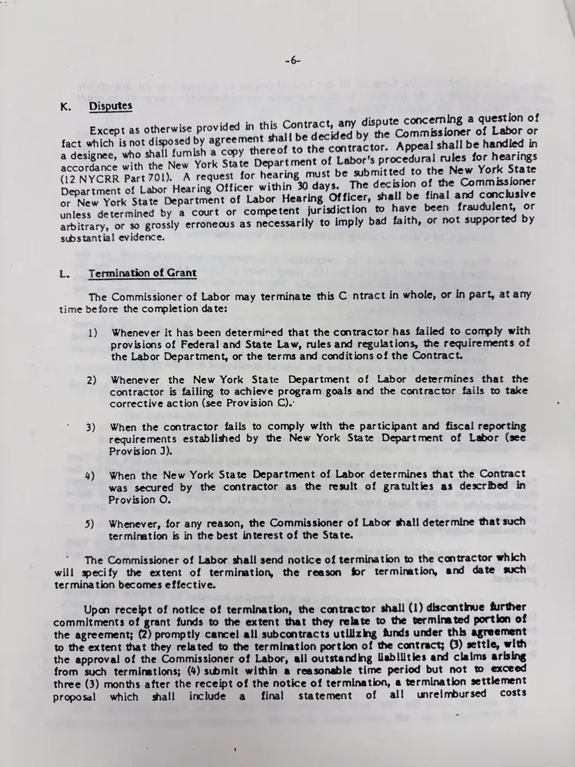 Photograph of a draft agreement: State health and safety training contract, July 1989 – June 1990, page 15.