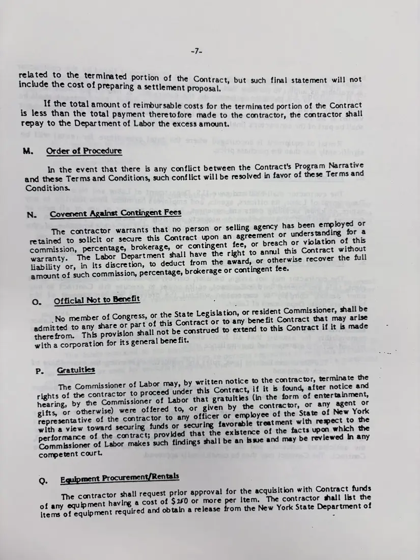Photograph of a draft agreement: State health and safety training contract, July 1989 – June 1990, page 16.