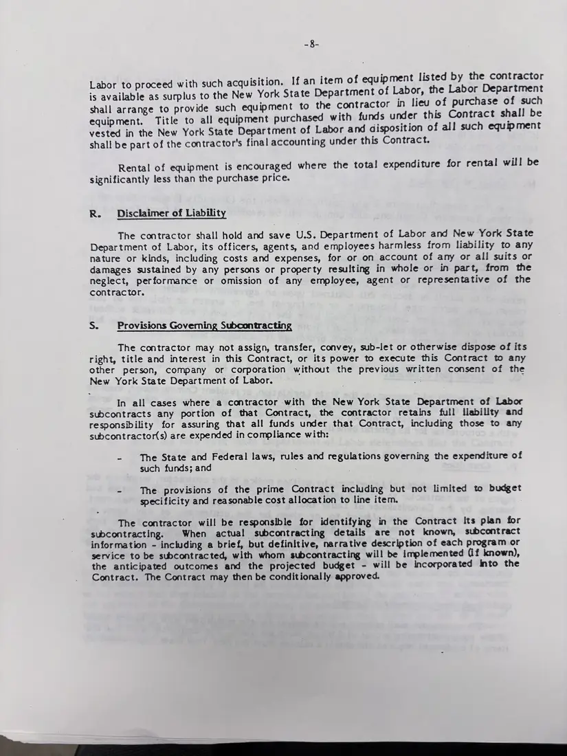 Photograph of a draft agreement: State health and safety training contract, July 1989 – June 1990, page 17.