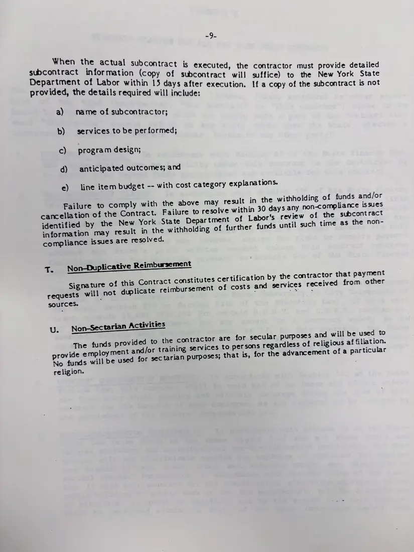 Photograph of a draft agreement: State health and safety training contract, July 1989 – June 1990, page 18.