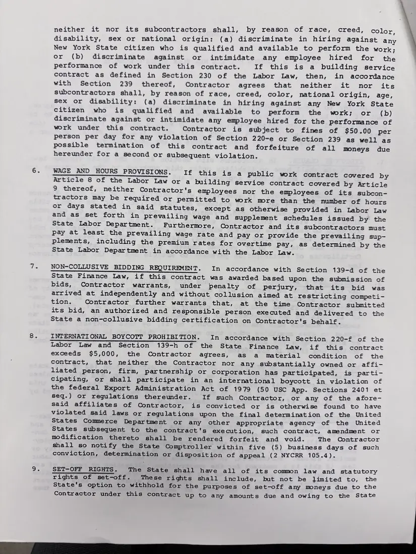 Photograph of a draft agreement: State health and safety training contract, July 1989 – June 1990, page 20.