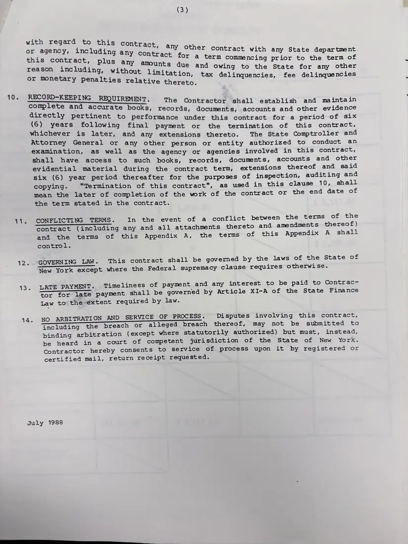 Photograph of a draft agreement: State health and safety training contract, July 1989 – June 1990, page 21.
