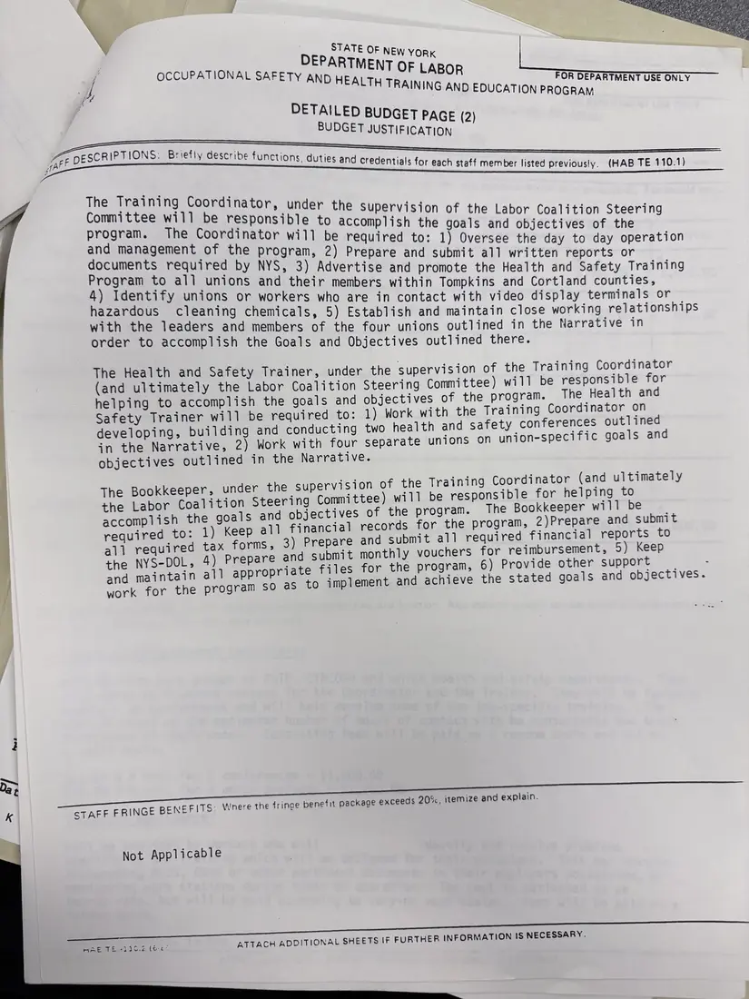 Photograph of a draft agreement: State health and safety training contract, July 1989 – June 1990, page 23.