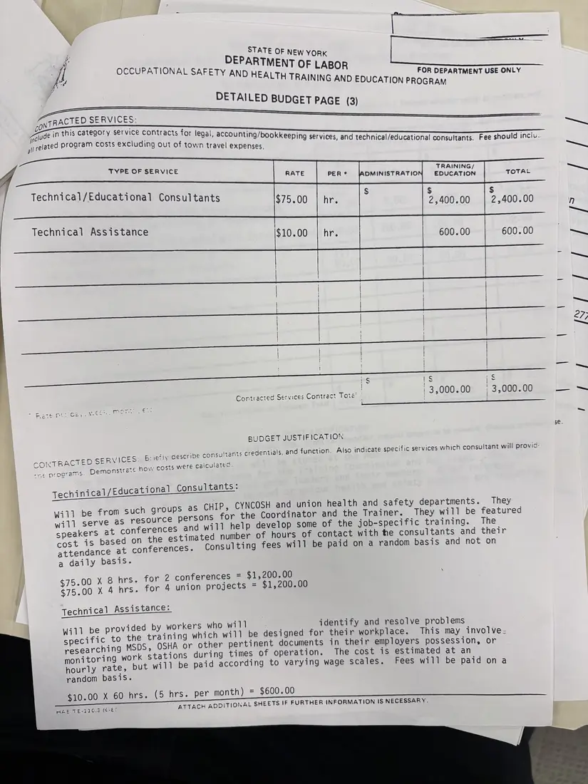 Photograph of a draft agreement: State health and safety training contract, July 1989 – June 1990, page 24.