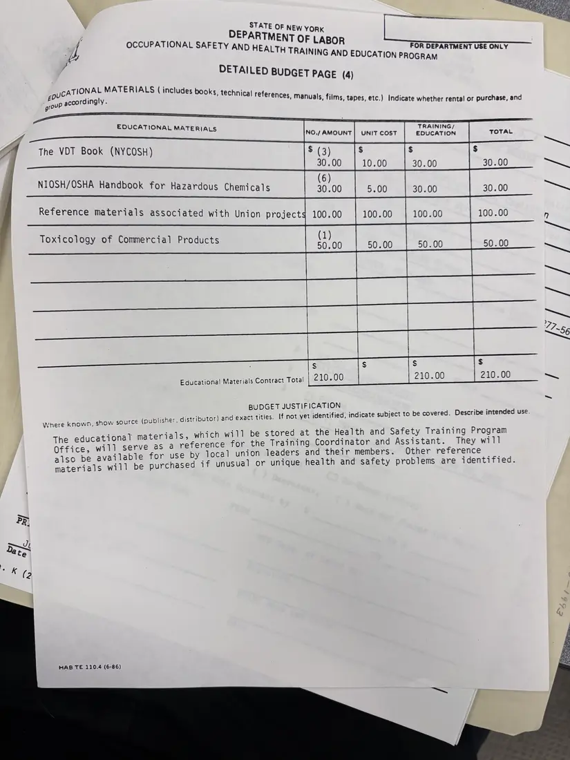 Photograph of a draft agreement: State health and safety training contract, July 1989 – June 1990, page 25.