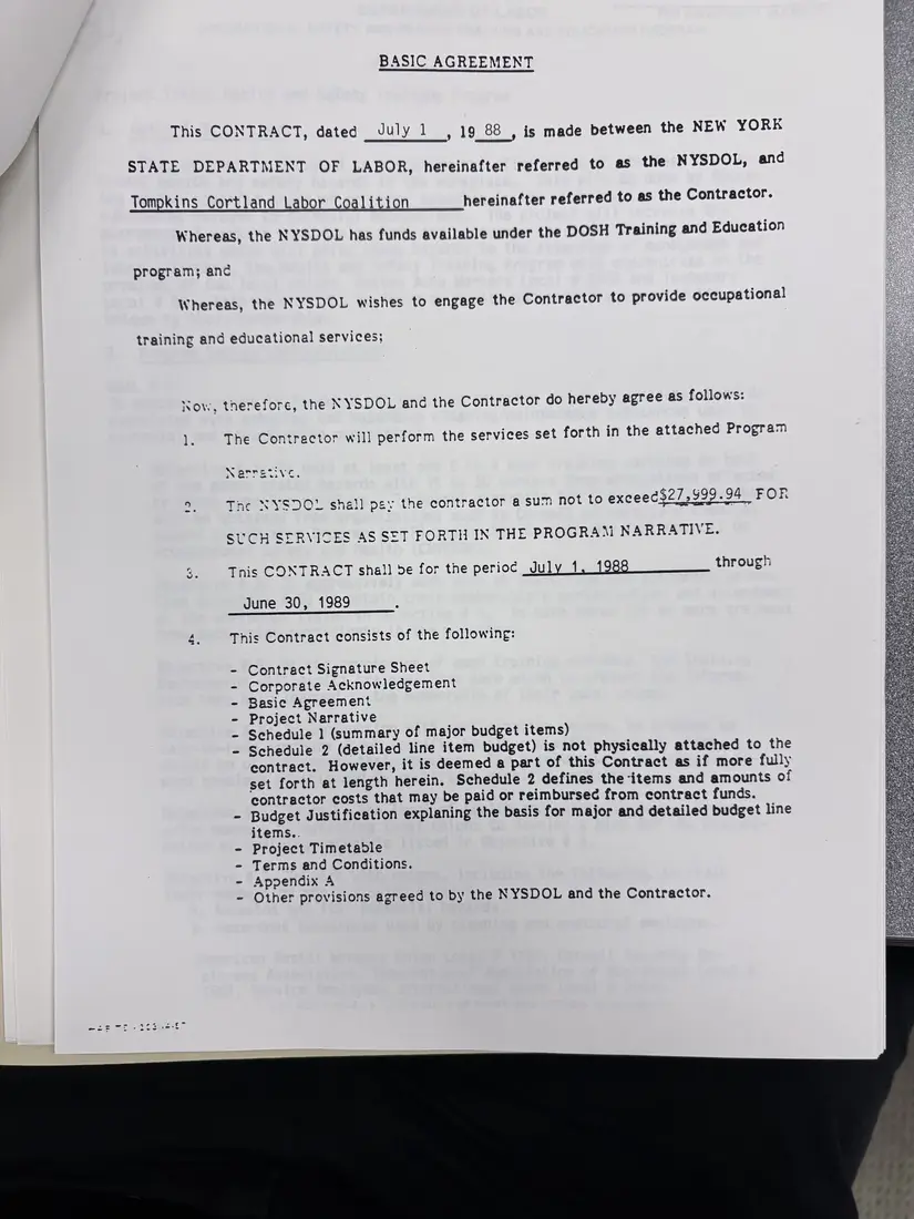 Photograph of a draft agreement: State health and safety training contract, July 1988 – June 1989, page 3.